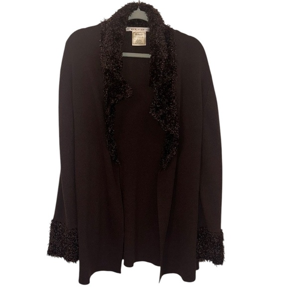 Y2K Max Studio Brown Knitwear Faux Fur Trim Duster Cardigan Sweater - Size XL - Picture 2 of 8